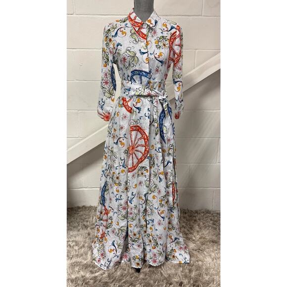 Marina St. Barth Floral Wheel Printed White Linen Long Maxi Shirt Dress Small - Picture 1 of 16